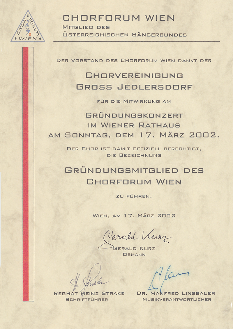 Urkunde Gründungsmitglied Chorforum Wien 2002